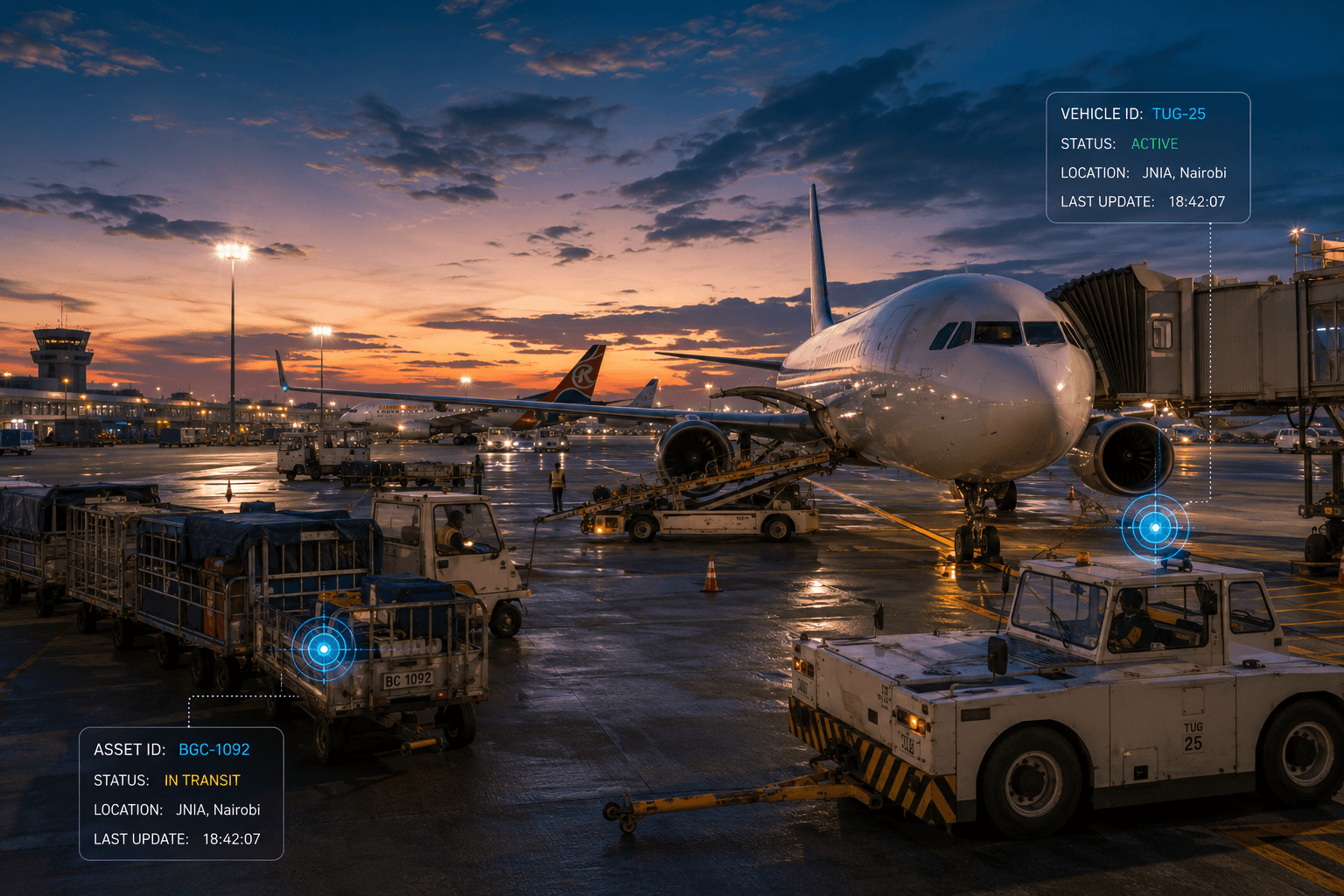 Airport ground handling operations with cargo vehicles and aircraft on the tarmac