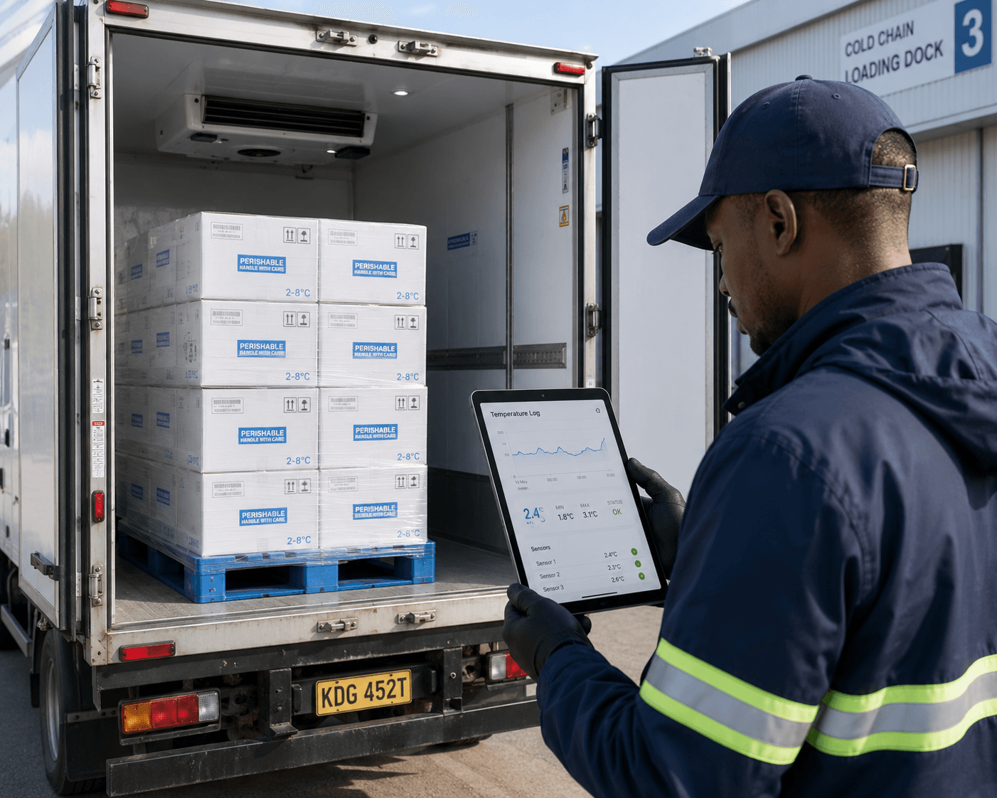 Cold chain warehouse with IoT temperature monitoring and industrial sensors