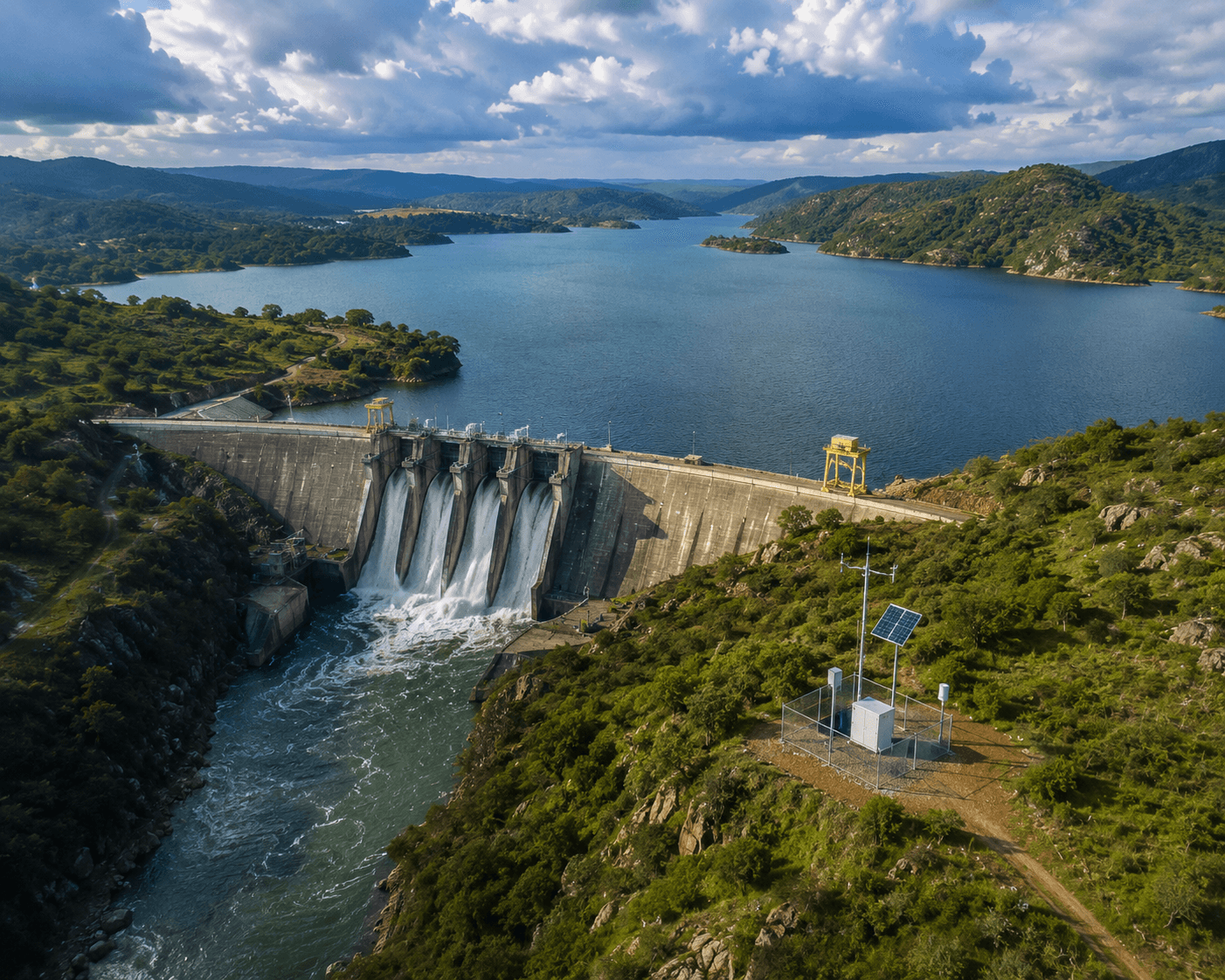 Large concrete dam with IoT water level and flow monitoring
