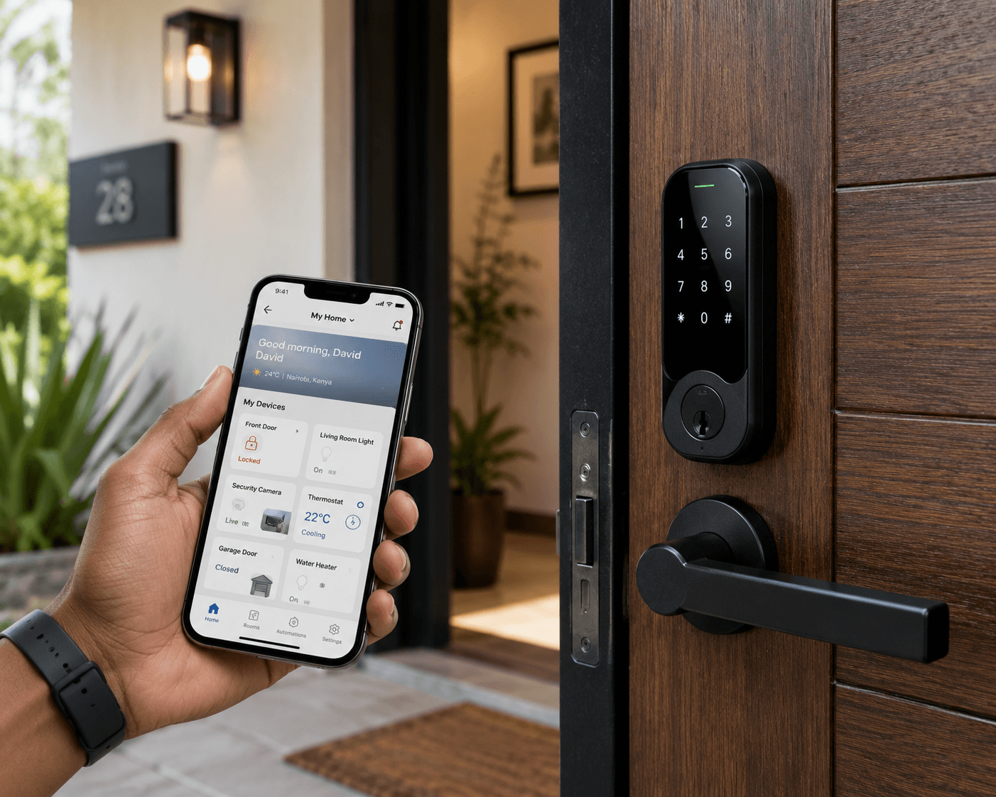 Smart lock and home automation system controlled from a smartphone
